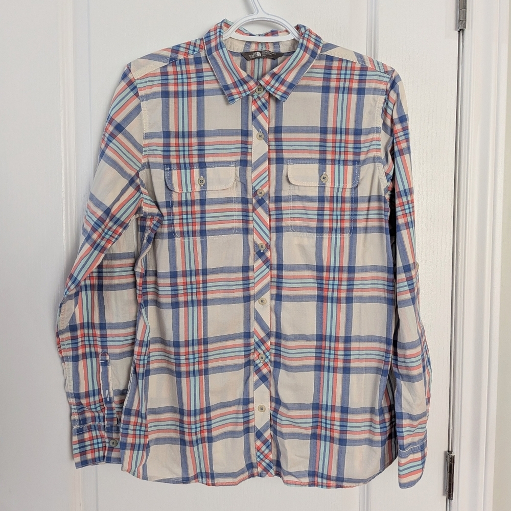 The north face cotton button down plaid shirt blue grey large